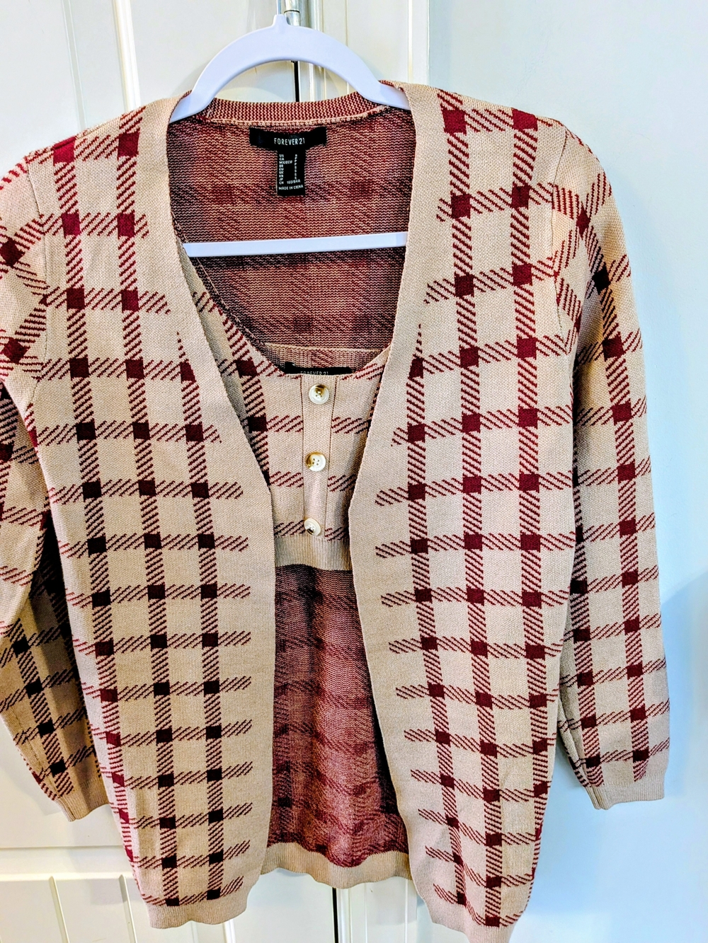 Forever 21 Plaid Knit Cardigan & Cropped Tank 2 PC Set Small